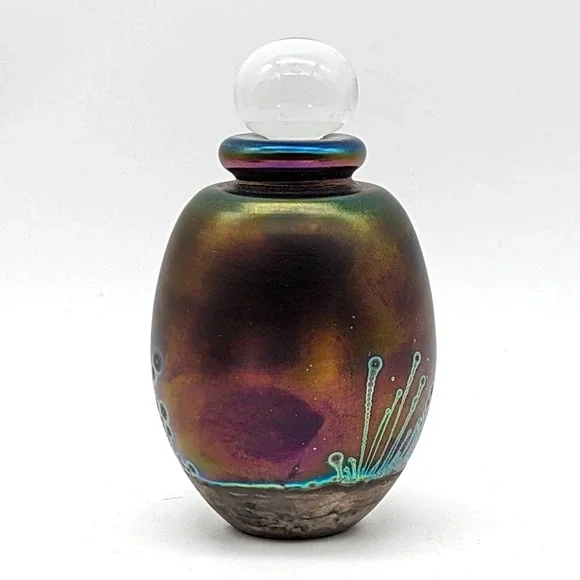 Robert Eickholt Signed Iridescent Art Glass Perfume Bottle Purples Blues 1990 - Picture 11 of 12